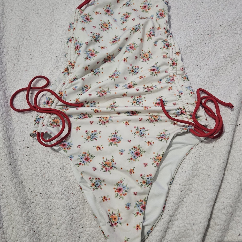 Floral One-Piece Swimsuit with Red Accents